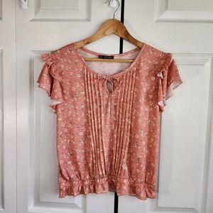 NOTEBUK Womens Coral Floral Top XL Pintuck Bow Cropped Cottage Prairie Flutter